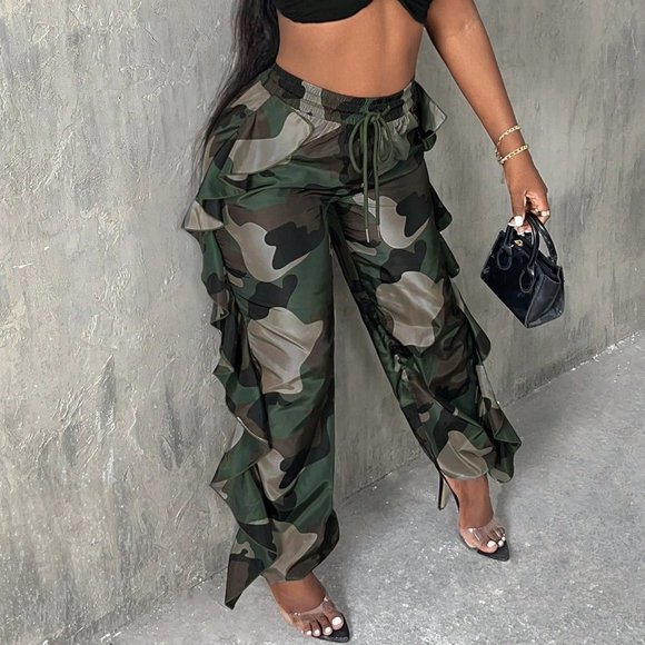 Camo Print Drawstring Waist Ruffle Trim Pants - Picture 1 of 5